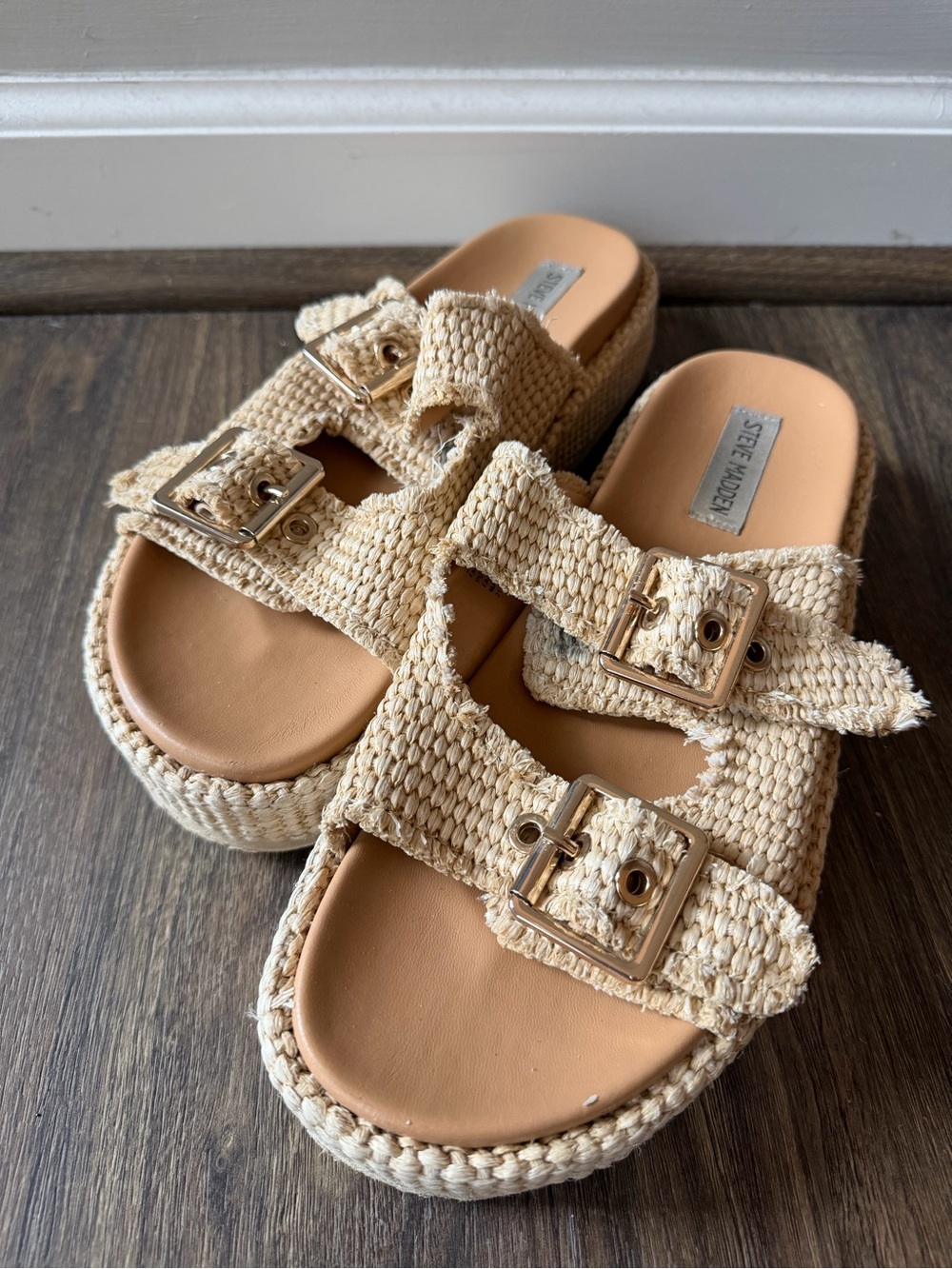 Steve Madden Natural Beige Woven Double-Buckle Platform Sandals